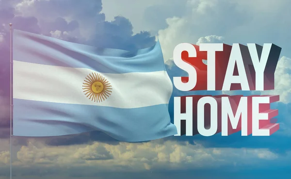 Stay home stay safe - letter typography 3D text for self quarantine times concept with flag of Argentina. 3D illustration.