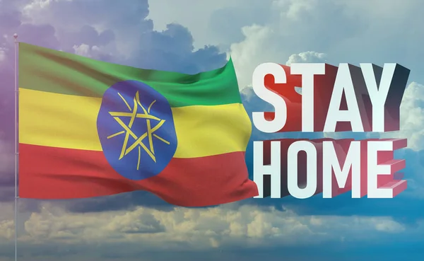 Stay home stay safe - letter typography 3D text for self quarantine times concept with flag of Ethiopia. 3D illustration.