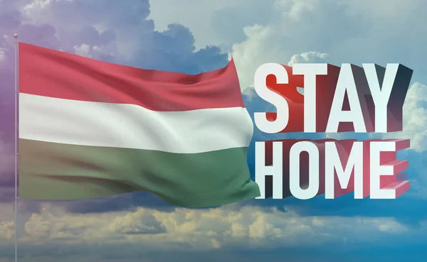 Stay home stay safe - letter typography 3D text for self quarantine times concept with flag of Hungary. 3D illustration.