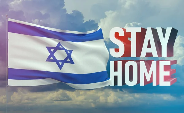 Maradj otthon biztonságban - betűtipográfia 3D-s szöveg az önkarantén idejének koncepciójához Izrael zászlajával. 3D illusztráció. — Stock Fotó