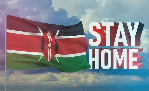Stay home stay safe - letter typography 3D text for self quarantine times concept with flag of Kenya. 3D illustration.
