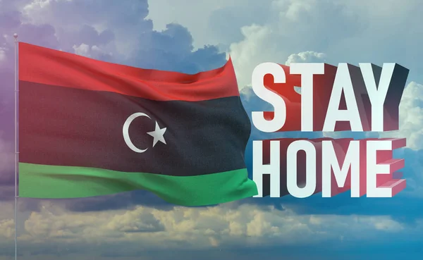 Stay home stay safe - letter typography 3D text for self quarantine times concept with flag of Libya. 3D illustration.