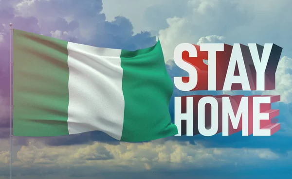 Stay home stay safe - letter typography 3D text for self quarantine times concept with flag of Nigeria. 3D illustration.