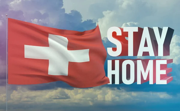 Stay home stay safe - letter typography 3D text for self quarantine times concept with flag of Switzerland. 3D illustration.