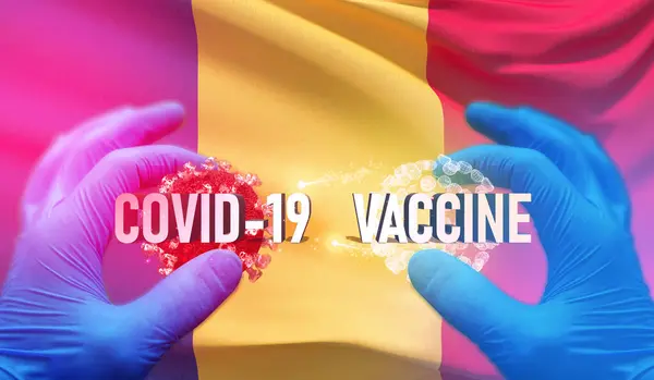 COVID-19 rokote lääketieteellinen konsepti Romanian lipun kanssa. Pandemiallinen 3D-kuva . — kuvapankkivalokuva