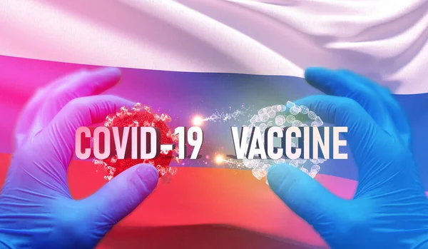COVID-19 concetto medico vaccino con bandiera della Russia. Illustrazione 3D pandemica . — Foto Stock