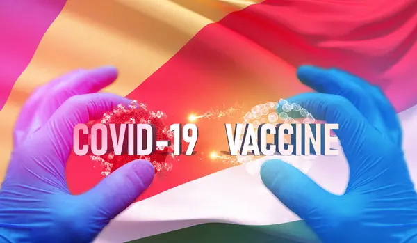 COVID-19 concetto medico vaccino con bandiera delle Seychelles. Illustrazione 3D pandemica . — Foto Stock