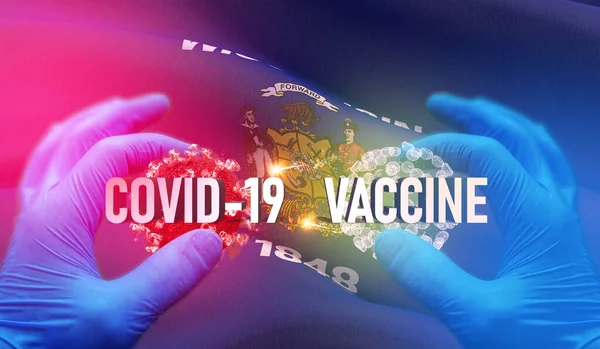 COVID-19 conceito médico de vacina com bandeira dos Estados Unidos. Estado de Wisconsin bandeira ilustração 3D . — Fotografia de Stock