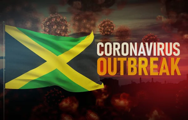 Coronavirus COVID-19 concetto focolaio con bandiera della Giamaica. Illustrazione 3D pandemica . — Foto Stock