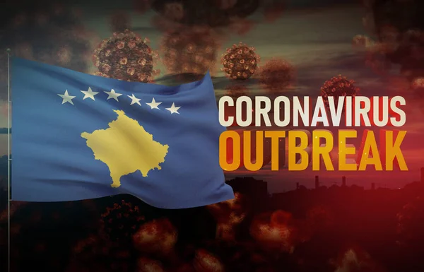 Coronavirus COVID-19 utbrott koncept med Kosovos flagga. Pandemisk 3D-illustration. — Stockfoto