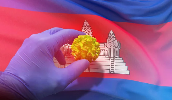 Концепция вспышки коронавируса COVID-19, вирус, угрожающий здоровью, фон, размахивающий национальным флагом Камбоджи. Пандемия остановила вспышку вируса ковид-19 3D иллюстрация . — стоковое фото