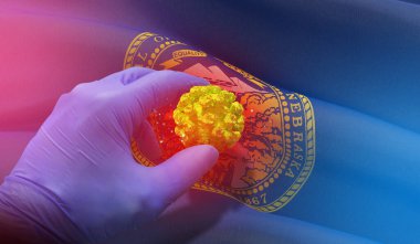 Coronavirus COVID-19 salgını konsepti, ABD bayraklı geçmiş. Nebraska eyaleti bayrağı. Salgın durdurma Romanları Coronavirüs salgını covid-19 3D illüstrasyon.