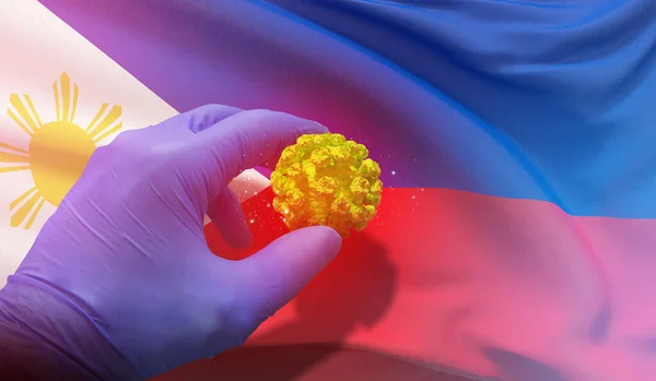 Coronavirus COVID-19 salgını, sağlığa zararlı virüs, arka planda sallanan ulusal Filipinler bayrağı. Salgın durdurma Romanları Coronavirüs salgını covid-19 3D illüstrasyon. — Stok fotoğraf