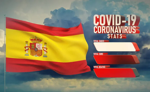 COVID-19 Coronavirus 2019-nCov Statistics Update - table letter typography copy space concept with flag of Spain. 3D illustration. — Stock Photo, Image