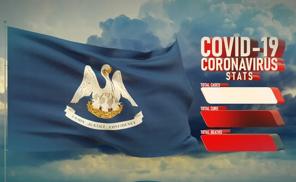 COVID-19 Coronavirus 2019-nCov Statistics Update - table letter typography copy space concept with flag of the states of USA. State of Louisiana flag Pandemic 3D illustration. — Stock Photo, Image