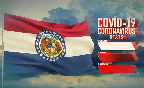 COVID-19 Coronavirus 2019-nCov Statistics Update - table letter typography copy space concept with flag of the States of USA. Stato del Missouri bandiera Pandemia Illustrazione 3D . — Foto Stock