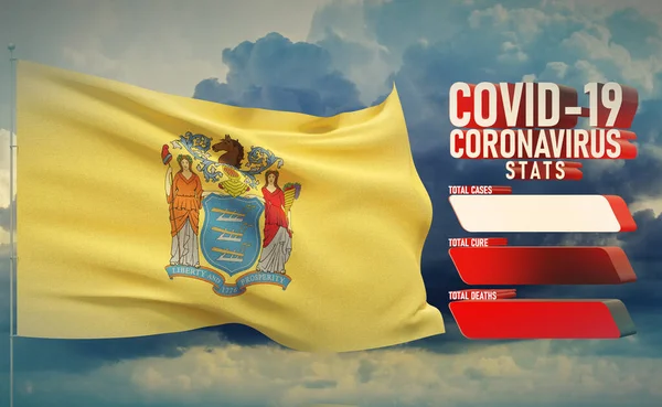 COVID-19 Coronavirus 2019-nCov Statistics Update - table letter typography copy space concept with flag of the states of USA. State of New Jersey flag Pandemic 3D illustration. — Stock Photo, Image