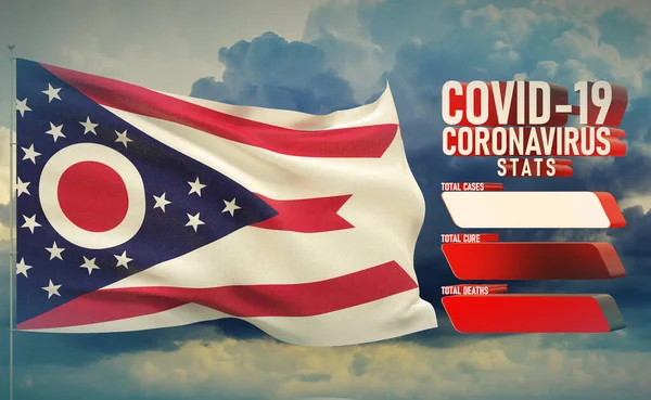 COVID-19 Coronavirus 2019-nCov Statistics Update - table letter typography copy space concept with flag of the states of USA. State of Ohio flag Pandemic 3D illustration. — Stock Photo, Image