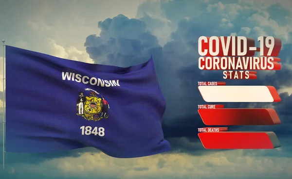 COVID-19 Coronavirus 2019-nCov Statistics Update - tabela tipografia carta copiar conceito de espaço com bandeira dos estados dos EUA. Estado de Wisconsin bandeira Pandemia 3D ilustração . — Fotografia de Stock