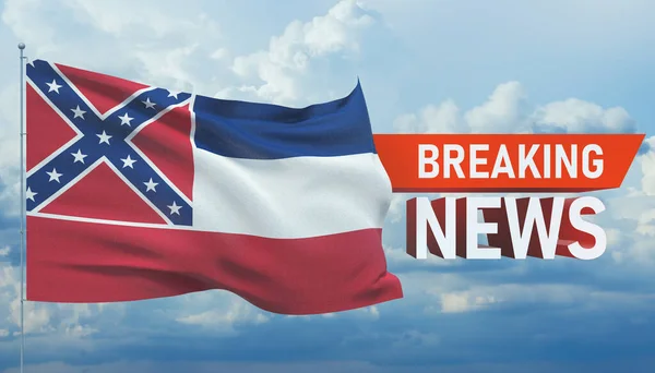 Breaking news. World news with background waving flag of the states of USA. State of Mississippi flag. Pandemic 3D illustration. — Stock Photo, Image