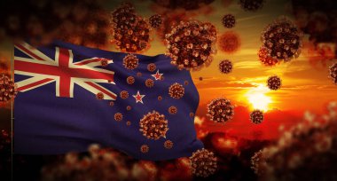 COVID-19 Coronavirus 2019-nCov virüs salgını, Yeni Zelanda bayrağı ile kilitlenme kavramı. 3B illüstrasyon.