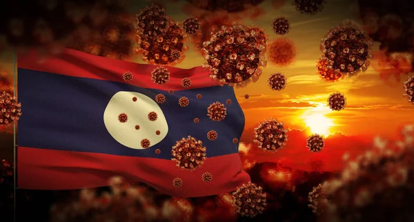 COVID-19 Coronavirus 2019-nCov virüsü Laos bayrağı ile kilitleme konsepti. 3B illüstrasyon. — Stok fotoğraf