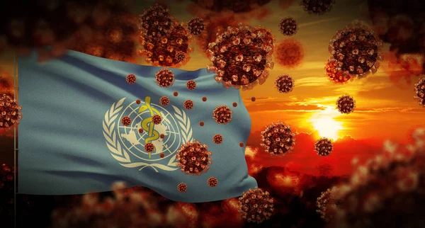 COVID-19 Coronavirus 2019-nCov virüs salgını, Dünya Sağlık Örgütü bayraklarıyla kilitlenme kavramı, WHO. 3B illüstrasyon. — Stok fotoğraf