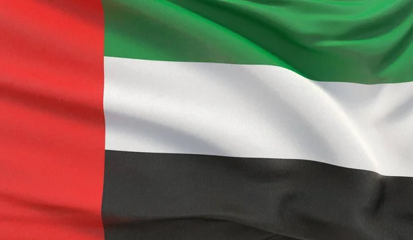 Az Egyesült Arab Emírségek nemzeti zászlajának lobogtatása. Hullámos nagyon részletes közelkép 3D render. — Stock Fotó