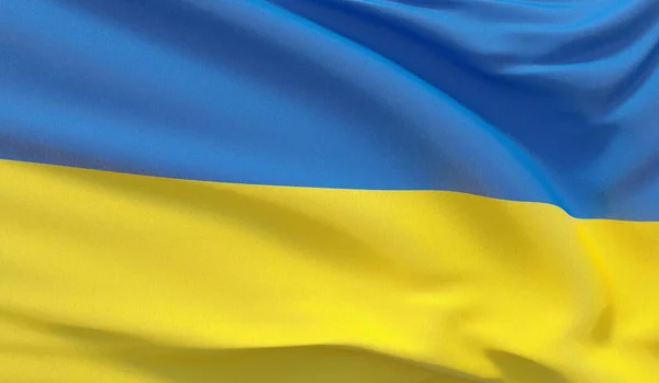 Das Schwenken der ukrainischen Nationalflagge. Hochdetailliertes 3D-Rendering in Nahaufnahme gewellt. — Stockfoto