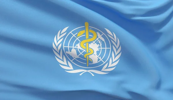 Acenando bandeira nacional da Organização Mundial da Saúde OMS. Ilustração 3D . — Fotografia de Stock