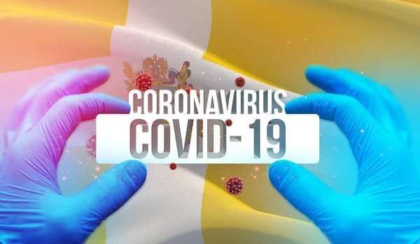 Enfermedad por Coronavirus COVID-19 infección en la región rusa, concepto de imágenes de la bandera - Bandera de Stavropol Krai. Coronavirus en Rusia concepto 3D ilustración . — Foto de Stock