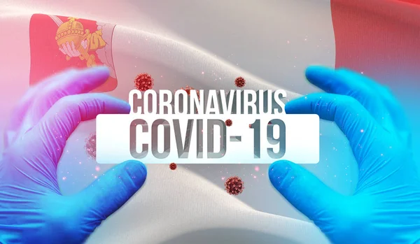 Enfermedad por Coronavirus Infección por COVID-19 en la región rusa, concepto de imágenes de la bandera - Bandera del óblast de Vologda. Coronavirus en Rusia concepto 3D ilustración . — Foto de Stock