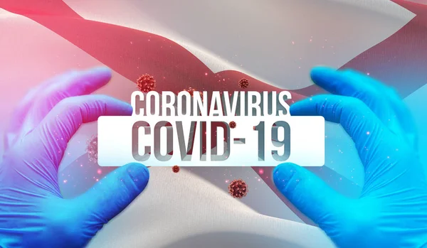 Ιατρική έννοια της πανδημίας Coronavirus COVID-19 ξέσπασμα με backgroung κυματίζει σημαία των κρατών των ΗΠΑ. Σημαία πολιτείας της Αλαμπάμα. 3D απεικόνιση. — Φωτογραφία Αρχείου