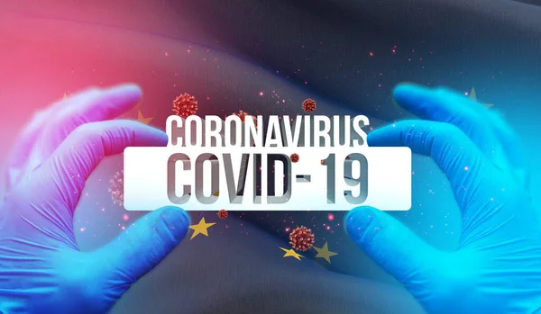 Ιατρική έννοια της πανδημίας Coronavirus COVID-19 ξέσπασμα με backgroung κυματίζει σημαία των κρατών των ΗΠΑ. Σημαία της Αλάσκας 3D απεικόνιση. — Φωτογραφία Αρχείου