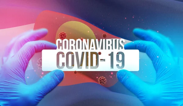 Conceito Médico de pandemia Coronavirus COVID-19 surto com backgroung de bandeira acenando dos estados dos EUA. Estado do Colorado bandeira ilustração 3D . — Fotografia de Stock