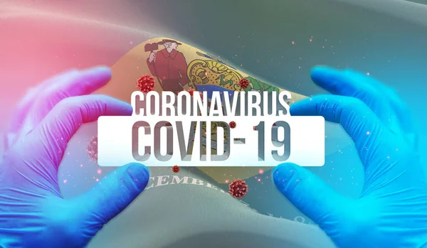 Ιατρική έννοια της πανδημίας Coronavirus COVID-19 ξέσπασμα με backgroung κυματίζει σημαία των κρατών των ΗΠΑ. Εικόνα 3D της σημαίας του Delaware. — Φωτογραφία Αρχείου