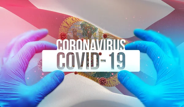 Medizinisches Konzept der Coronavirus-Pandemie COVID-19 Ausbruch mit dem Hintergrund des Fahnenschwenkens der Staaten der USA. Flagge des Staates Florida 3D-Illustration. — Stockfoto