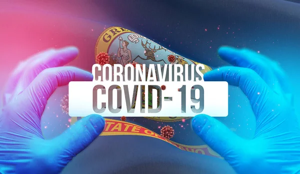 Medizinisches Konzept der Coronavirus-Pandemie COVID-19 Ausbruch mit dem Hintergrund des Fahnenschwenkens der Staaten der USA. Flagge des Staates Idaho 3D-Illustration. — Stockfoto