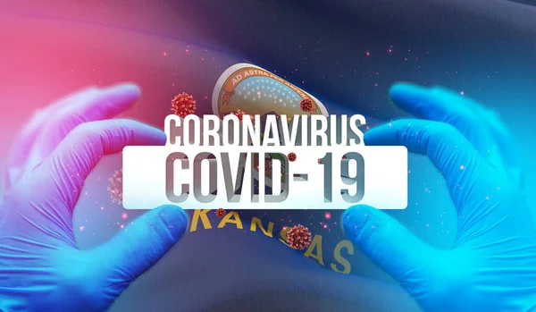 Medyczny Koncepcja pandemia Coronavirus COVID-19 epidemia z backgroung machać flaga stan USA. Flaga stanu Kansas Ilustracja 3D. — Zdjęcie stockowe