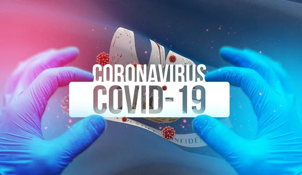 Ιατρική έννοια της πανδημίας Coronavirus COVID-19 ξέσπασμα με backgroung κυματίζει σημαία των κρατών των ΗΠΑ. Σημαία Λουιζιάνα 3D εικονογράφηση. — Φωτογραφία Αρχείου