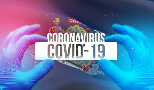 코로나 바이러스 코로나 바이러스 (Coronavirus) COVID-19 의 의학적 개념은 미국의 국기를 흔들며 발생하였다. State of Maine 플래그 3D illustration. — 스톡 사진