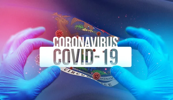 Concepto médico del brote de Coronavirus COVID-19 pandémico con antecedentes de ondear la bandera de los Estados Unidos. Estado de Michigan bandera 3D ilustración . — Foto de Stock