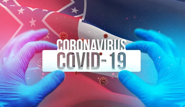 Medizinisches Konzept der Coronavirus-Pandemie COVID-19 Ausbruch mit dem Hintergrund des Fahnenschwenkens der Staaten der USA. Flagge des Staates Mississippi 3D-Illustration. — Stockfoto