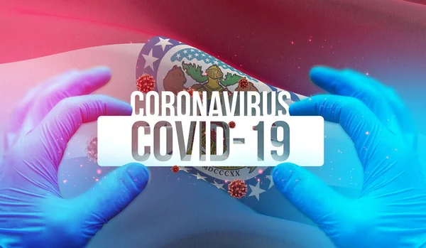 Медична концепція пандемії спалаху коронавірусу COVID-19 з відсталим розмахом прапора штатів США. State of Missouri flag 3D illustration. — стокове фото