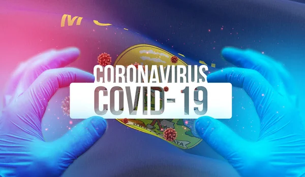 Медицинская вспышка пандемического коронавируса COVID-19 с развевающимся флагом штатов США. Флаг штата Монтана 3D-иллюстрация . — стоковое фото