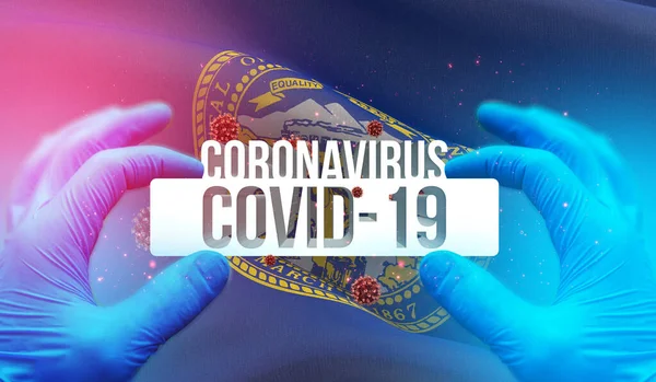 Concepto médico del brote de Coronavirus COVID-19 pandémico con antecedentes de ondear la bandera de los Estados Unidos. Estado de Nebraska bandera 3D ilustración . —  Fotos de Stock