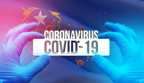 Ιατρική έννοια της πανδημίας Coronavirus COVID-19 ξέσπασμα με backgroung κυματίζει σημαία των κρατών των ΗΠΑ. Σημαία της Νεβάδα 3D εικονογράφηση. — Φωτογραφία Αρχείου