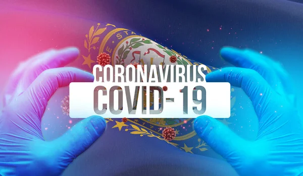 Medizinisches Konzept der Coronavirus-Pandemie COVID-19 Ausbruch mit dem Hintergrund des Fahnenschwenkens der Staaten der USA. 3D-Illustration der Flagge des Staates New Hampshire. — Stockfoto