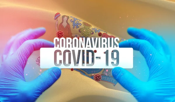 Medical Concept of pandemic Coronavirus COVID-19 outbreak with backgroung of waving flag of the states of USA. State of New Jersey flag 3D illustration. — Stock Photo, Image