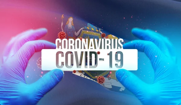 Медицинская вспышка пандемического коронавируса COVID-19 с развевающимся флагом штатов США. 3D-иллюстрация флага штата Нью-Йорк . — стоковое фото